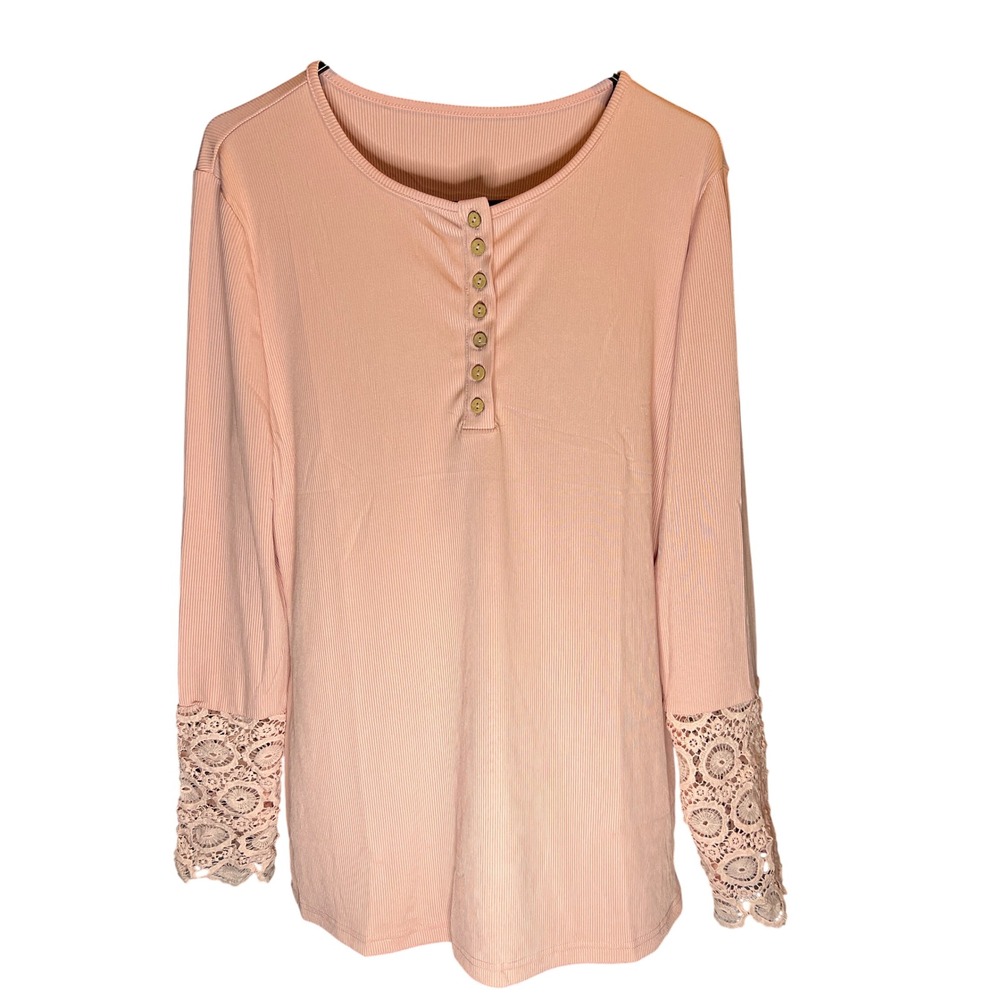 Womens Pink Ribbed Henley Top Crochet Lace Cuff Long Sleeve XL Soft Romantic